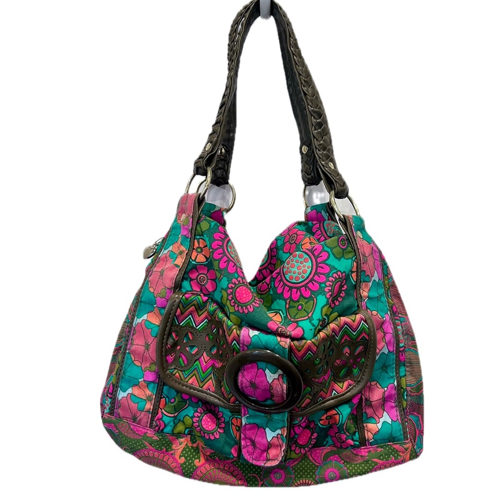 Loop retro floral top handle satchel mini duffel purse snap close envelope pkt